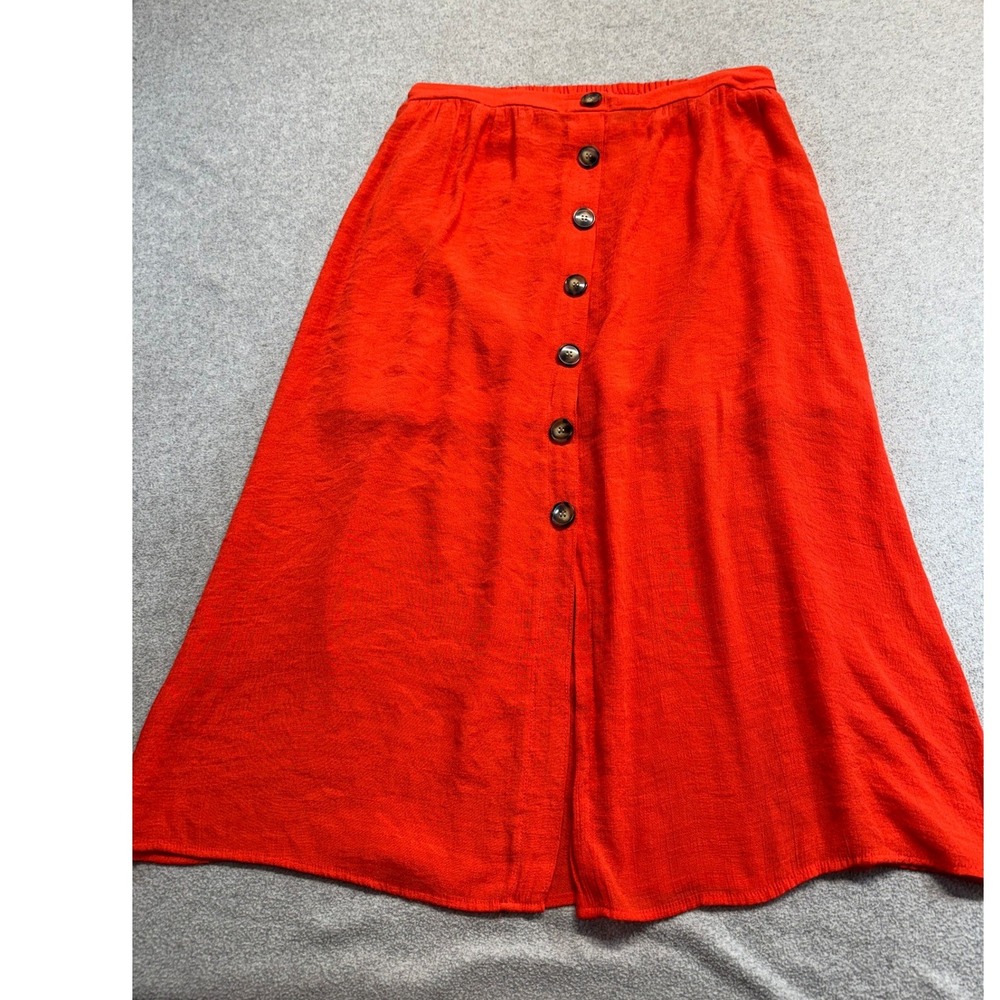 BCX Midi Skirt Womens L Red Button Front Elastic Back A-Line Textured Boho Flowy